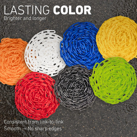 Multi-colored plastic safety chains displaying various hues including yellow, showcasing durability and lasting color.