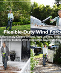 Tackle Stubborn Weeds Fast With This Heavy Duty 24V Brushless String Trimmer And 270 Cfm Electric Leaf Blower Combo Plus Reliable 20 Ah Battery Pack For Epic Yard Hustle in action clearing debris.
