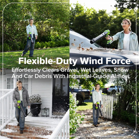 Tackle Stubborn Weeds Fast With This Heavy Duty 24V Brushless String Trimmer And 270 Cfm Electric Leaf Blower Combo Plus Reliable 20 Ah Battery Pack For Epic Yard Hustle in action clearing debris.
