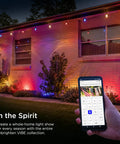 Home with Vibe Eternity Garden Lights 50 Foot Outdoor RGBWIC LED Uplights Kit, showing smart app control and vibrant colors.