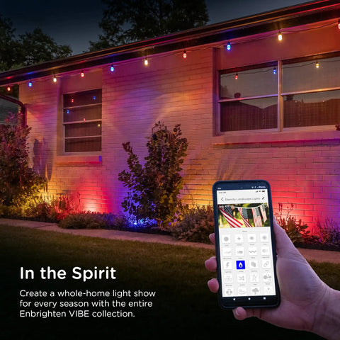 Home with Vibe Eternity Garden Lights 50 Foot Outdoor RGBWIC LED Uplights Kit, showing smart app control and vibrant colors.