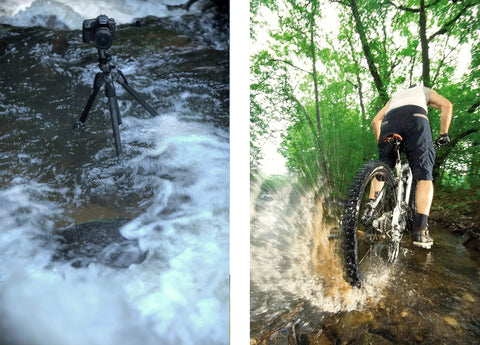 Camera and tripod in water, cyclist splashing; Clear Protection Filter For Camera Lens With Ultra Slim Titan Mount Pro Grade T Pro 007M 67mm 16 Layer Multi Resistant Nano Coating Reflection Free Finish Dirt And Water Repellent No Light Loss Lens Safety.
