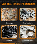 Solid Coin Ring Center Punch Kit With Six Interchangeable Spacer Rings Fits Silver Quarters Golden Dollars And Flat Metal Blanks featuring various coin rings, metal washers, gaskets, and custom blanks.
