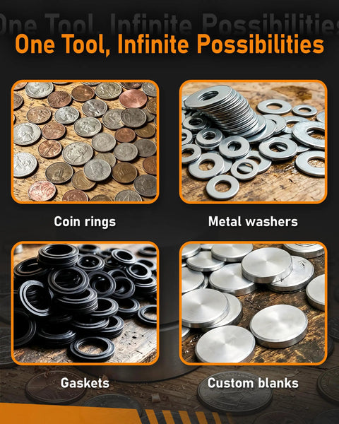 Solid Coin Ring Center Punch Kit With Six Interchangeable Spacer Rings Fits Silver Quarters Golden Dollars And Flat Metal Blanks featuring various coin rings, metal washers, gaskets, and custom blanks.