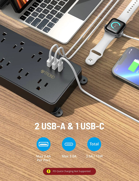 Black 2 Prong To 3 Prong Power Strip With 7 Widely Spaced Outlets And 3 USB Ports Including USB C on desk with devices