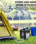 Portable Propane Water Heater And Shower Pump With Built In Battery Compact Outdoor Cleaning System beside a tent at a campsite