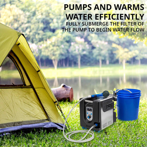 Portable Propane Water Heater And Shower Pump With Built In Battery Compact Outdoor Cleaning System beside a tent at a campsite
