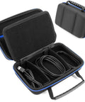 Heavy Duty Hard Shell Electronics Organizer Travel Case With Adjustable Cable Dividers And Zipper Pouches, 8.5x5.5 inches, opened with cables.
