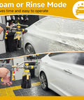 Dual Connector Foam Cannon Gun For Pressure Washer Quick Connect One Quarter Inch Dual Mode Foam And Water Spray Car Wash Soap Cannon Kit With 5 Nozzle Tips For Fast Easy Car Wash Results in use on a white car