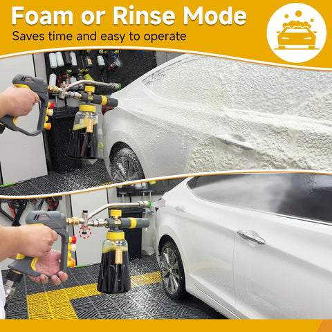Dual Connector Foam Cannon Gun For Pressure Washer Quick Connect One Quarter Inch Dual Mode Foam And Water Spray Car Wash Soap Cannon Kit With 5 Nozzle Tips For Fast Easy Car Wash Results in use on a white car