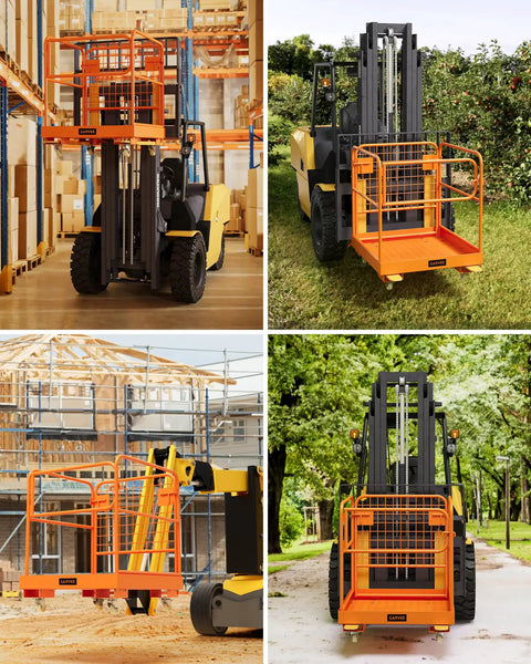 Heavy Duty Forklift Safety Cage Built Like Armor With Nonslip Mesh Deck Measures 36 by 36 Inches Holds Up To 1200 Lbs in use for aerial tasks.