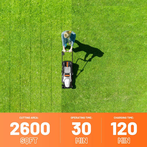Cordless Lawn Mower 13 Inch Handy 20V Electric Mower For Garden Yard And Farm Lightweight With Five Adjustable Heights And No Fuss Two 4Ah Batteries Included For Easy Yard Work And Maintenance, overhead view on lawn