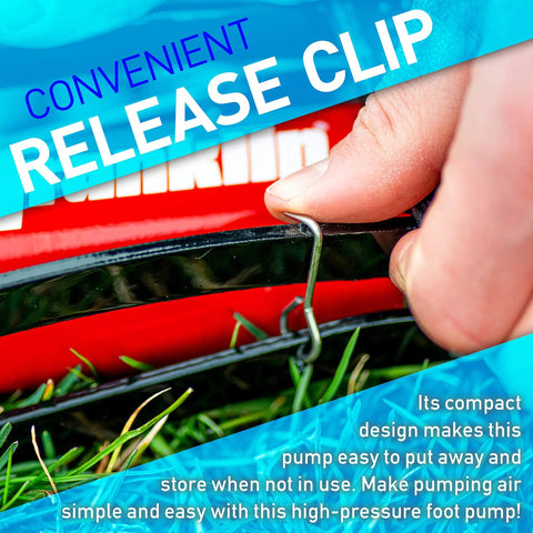 Built Tough Foot Pump For Quick Inflation Of Sports Balls And Bike Tires And Car Tires Up To 100 PSI Heavy Duty Iron Construction Foot Operated Design Multi Use Inflator For Home Garage Or On The Go, close-up clip