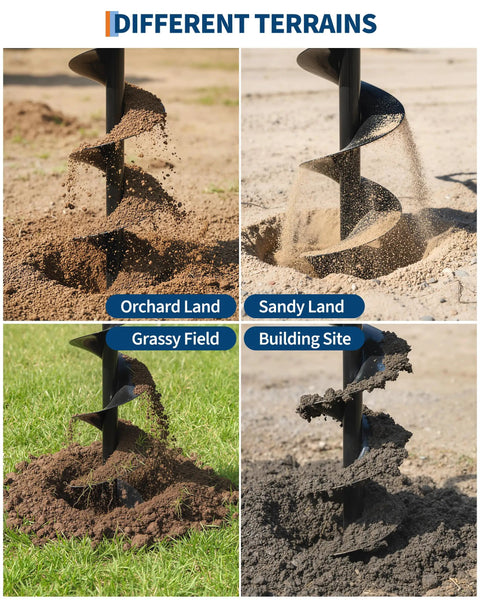 Gas Powered Post Hole Digger With 43cc 2-Stroke Engine shown in orchard, sandy, grassy, and building site terrains