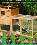 Wooden animal enclosure with wire mesh, protection symbols against fox, porcupine, mink, skunks; background text promoting farm safety.
