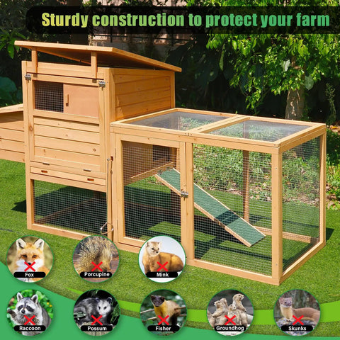 Wooden animal enclosure with wire mesh, protection symbols against fox, porcupine, mink, skunks; background text promoting farm safety.
