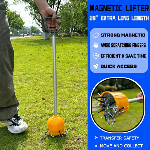 Person using Long Reach Magnetic Pickup Tool With Quick Release 29 Inch Bulk Lifter on grass, collecting nails and screws.