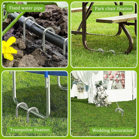 Heavy Duty 12 Inch Galvanized J Hook Ground Anchors Set used for fixing water pipes, park chairs, trampolines, and wedding decor