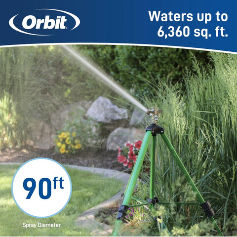 Beefed Up Brass Impact Sprinkler With Adjustable Metal Tripod, 1/2 Inch Head, spraying water on garden, 360 Degree Coverage