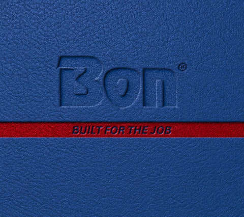 Textured blue cover with embossed 'Bon' logo and a red stripe with 'Built For The Job' text.