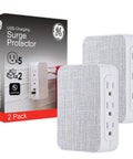 Five Outlet Extender With USB Ports Twin Pack Surge Protector 560 Joules Side Access Fabric Wall Tap Adapter 3 Prong UL Listed White