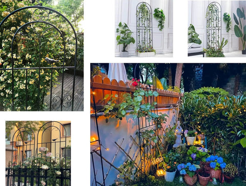 Sturdy 2 Pack Garden Trellis Set, 70.8 Inch Tall Metal Plant Support With Black Powder Coat in outdoor garden settings.