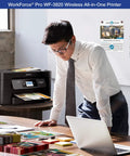 Businessman using Workforce Pro WF-3820 Wireless All-in-One Printer with Auto 2-Sided Printing in office setting