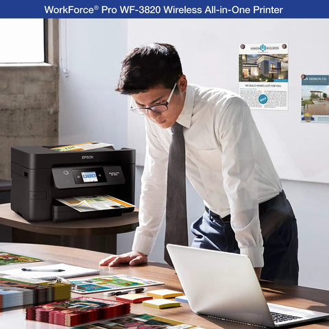 Businessman using Workforce Pro WF-3820 Wireless All-in-One Printer with Auto 2-Sided Printing in office setting