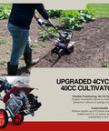 Person using Upgraded 40cc 4 Cycle Tiller Mini Cultivator With 6 Forged Steel Tines Vertical Shaft Engine in garden