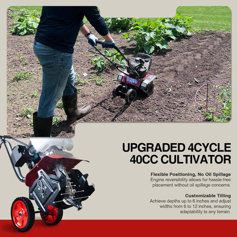Person using Upgraded 40cc 4 Cycle Tiller Mini Cultivator With 6 Forged Steel Tines Vertical Shaft Engine in garden