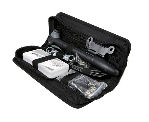 Sixteen In One Bike Repair Tool Kit With Tire Levers Emergency Patch Kit Mini Pump And Nylon Frame Mount Bracket in black case