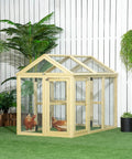 Large Wooden Chicken Coop With Run And Perches For Outdoor Backyard Farm 4.6 By 2.8 Feet displaying two chickens inside