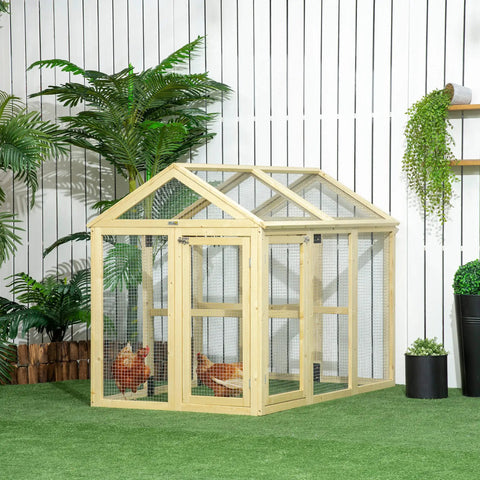 Large Wooden Chicken Coop With Run And Perches For Outdoor Backyard Farm 4.6 By 2.8 Feet displaying two chickens inside