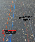 Mean Green Ultra Fine Marking Chalk For Chalklines 10 Oz Hydrophobic Construction Chalk With Extreme Visibility Green Color Made In USA For Precision Lines On Concrete And Masonry Projects For Pro Builders showing traditional chalk lines on concrete with blue and red lines visible