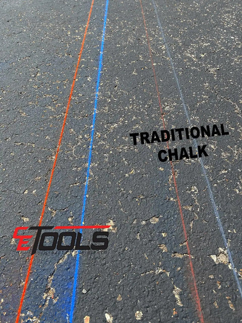Mean Green Ultra Fine Marking Chalk For Chalklines 10 Oz Hydrophobic Construction Chalk With Extreme Visibility Green Color Made In USA For Precision Lines On Concrete And Masonry Projects For Pro Builders showing traditional chalk lines on concrete with blue and red lines visible