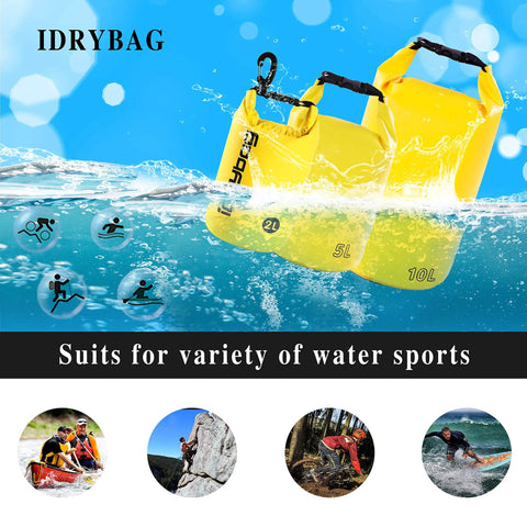 Totally Waterproof Dry Bag For Kayaking And Boating, Heavy Duty Dry Sack In 2L 5L 10L Sizes, shown in water with icons