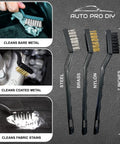 11 Piece Car Detailing Kit For Wheels Exterior And Interior Cleaning With Boar Hair Brushes Stainless Steel Wire Tools Duster Brushes showing wire brushes cleaning metal