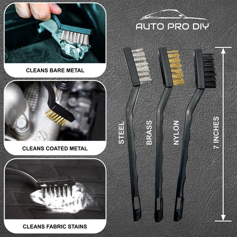 11 Piece Car Detailing Kit For Wheels Exterior And Interior Cleaning With Boar Hair Brushes Stainless Steel Wire Tools Duster Brushes showing wire brushes cleaning metal