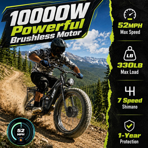 Rider on Beast 10000W Dual Motor Fat Tire Electric Bike For Adults With Full Suspension, 52 MPH Top Speed on rugged terrain