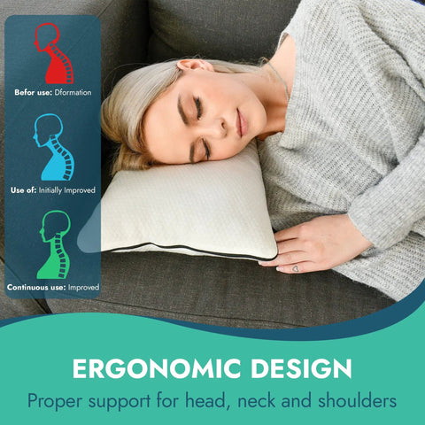 Woman using Ergonomic Memory Foam Ear Pillow With Ear Hole For Side Sleepers, Relief From Ear Pain, 50x30cm on couch