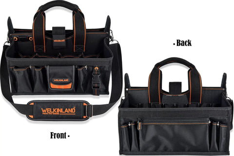 Heavy Duty 19 Pocket Tool Tote For HVAC Technicians And Electricians, Rugged Organizer Bag With Socket Pockets, Front and Back View