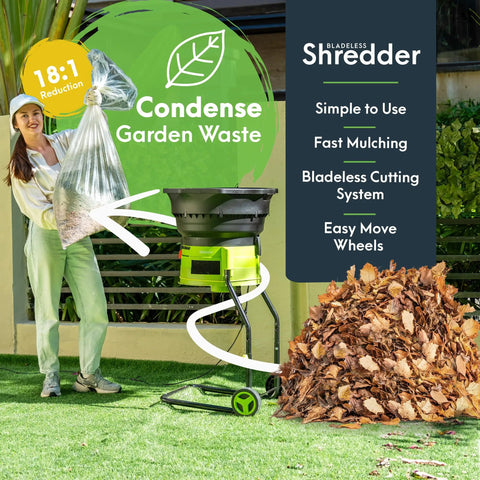 Woman using Bladeless Leaf Shredder And Mulcher With 15 Amp 9000 RPM Motor Delivers 18 To 1 Reduction For Easy Yard Cleanup near leaf pile
