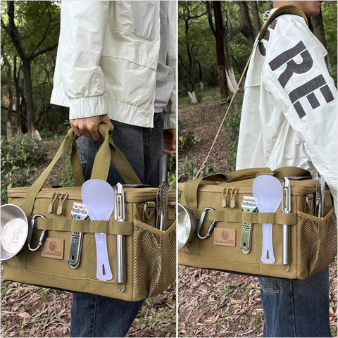 Person carrying Rugged 18L Camping Storage Bag With Tactical Utility Tote Water Resistant 600D Nylon Organizer in khaki outdoors.