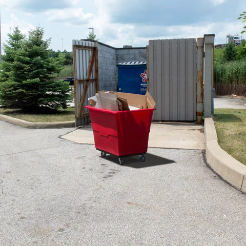 Commercial 16 Bushel Utility Cart With Steel Base And Poly Box Basket, Rolling Laundry Cart And Trash Bin, 1000 Pound Weight Capacity, Workhorse Cart For Offices, Warehouses, And Restaurants, Red in use outdoors.