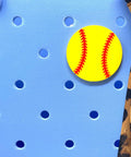 Softball Ball Tote Bag Charm With Team Spirit, bright yellow softball on blue pegboard, decorative accessory detail