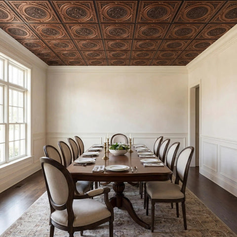 Dining room with Steampunk PVC Ceiling Tile 2x2 Antique Copper Covering 40 Sq Ft Lay In Or Glue Up Embossed Design.