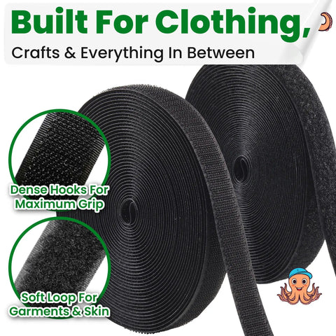 Heavy Duty Sew On Hook And Loop Tape For Fabric 3 4 Inch By 33 Feet Black, showing dense hooks and soft loop for garments.