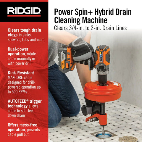 Person using Power Spinner Drain Cleaner With AutoFeed Self Feed Cable For Drill Powered Operation Up To Five Hundred RPMs Kink Resistant MaxCore Cable Cleans From Three Quarter Inch To One And One Half Inch Drain Lines on a shower floor drain.