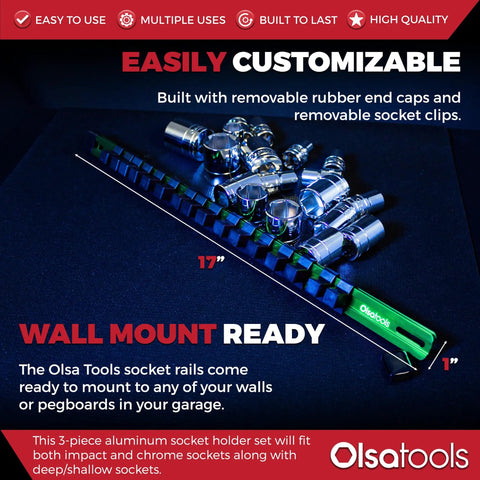 Aluminum Socket Organizer Rail Set For 1/2, 3/8, And 1/4 Drives - Green Garage Must-Have showing customizable clip details