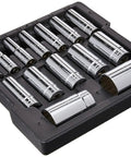 14 Piece Half Inch Drive 12 Point Deep Socket Set SAE with Surface Drive Technology in black pro grade case